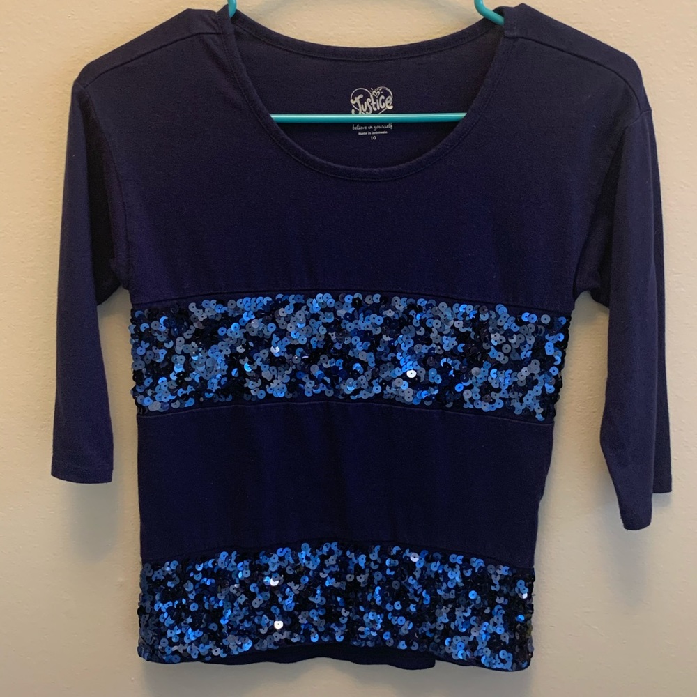 ⭐️✨3 for $15✨⭐️ Justice Girls Blue Stripe Sequin Top